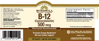 Photo of the Windmill Natural Vitamins B-12 (Cyanocobalamin) 500 mcg label