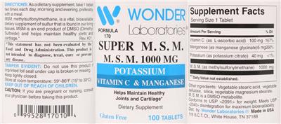 Photo of the Wonder Laboratories Super M.S.M. 1000 mg label