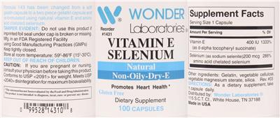 Photo of the Wonder Laboratories Vitamin E Selenium label