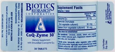 Photo of the Biotics Research Corporation CoQ-Zyme 30 label