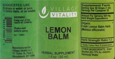 Photo of the Village Vitality Lemon Balm label