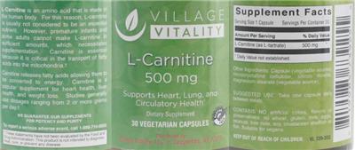 Photo of the Village Vitality L-Carnitine 500 mg label