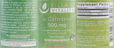 Photo of the Village Vitality L-Carnitine 500 mg label