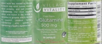 Photo of the Village Vitality L-Glutamine 500 mg label
