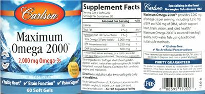 Photo of the Carlson Maximum Omega 2000 2,000 mg Natural Lemon Flavor label