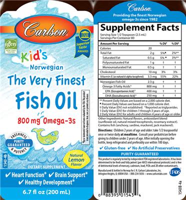 Photo of the Carlson Kid's The Very Finest Fish Oil Natural Lemon Flavor label