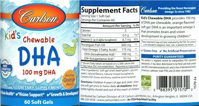 Photo of the Carlson Kid's Chewable DHA 100 mg Bursting Orange Flavor! label