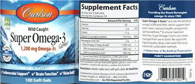 Photo of the Carlson Super Omega-3 Gems 1,200 mg label