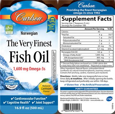 Photo of the Carlson The Very Finest Fish Oil Natural Lemon Flavor label