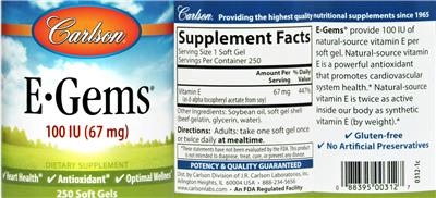 Photo of the Carlson E-Gems 100 IU (67 mg) label