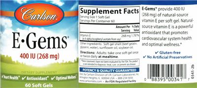 Photo of the Carlson E-Gems 400 IU (268 mg) label