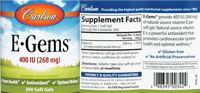 Photo of the Carlson E-Gems 400 IU (268 mg) label