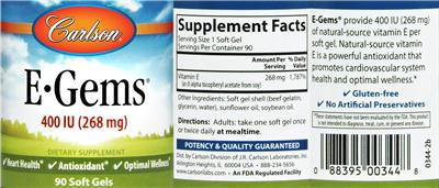Photo of the Carlson E-Gems 400 IU (268 mg) label