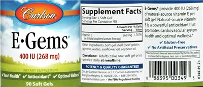 Photo of the Carlson E-Gems 400 IU (268 mg) label