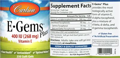 Photo of the Carlson E-Gems Plus 400 IU (268 mg) label