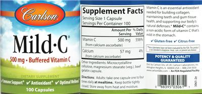 Photo of the Carlson Mild-C 500 mg label