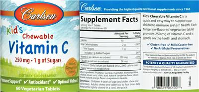 Photo of the Carlson Kid's Chewable Vitamin C 250 mg Natural Tangerine Flavor label