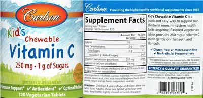 Photo of the Carlson Kid's Chewable Vitamin C 250 mg Natural Tangerine Flavor label
