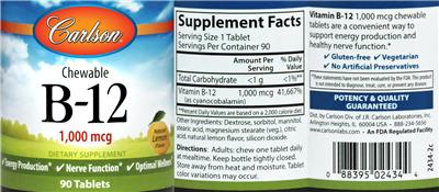 Chewable B-12 1,000 mcg Natural Lemon Flavor (Label) | Dietary
