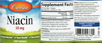 Photo of the Carlson Niacin 50 mg label