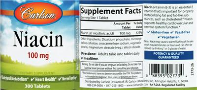 Photo of the Carlson Niacin 100 mg label