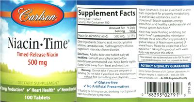 Photo of the Carlson Niacin-Time 500 mg label