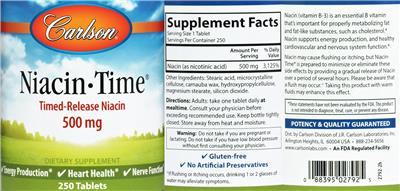 Photo of the Carlson Niacin-Time 500 mg label