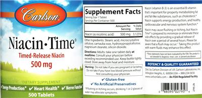 Photo of the Carlson Niacin-Time 500 mg label