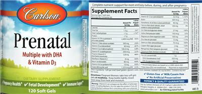 Photo of the Carlson Prenatal Multiple with DHA & Vitamin D3 label