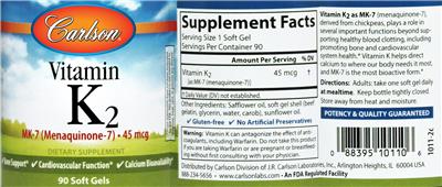 Photo of the Carlson Vitamin K2 MK-7 (Menaquinone-7) 45 mcg label