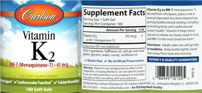 Photo of the Carlson Vitamin K2 MK-7 (Menaquinone-7) 45 mcg label