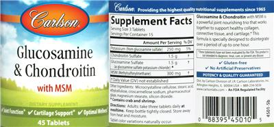 Photo of the Carlson Glucosamine & Chondroitin label