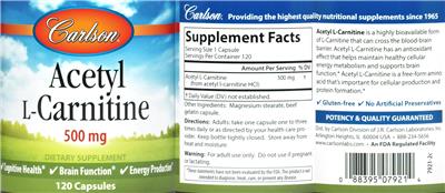 Photo of the Carlson Acetyl L-Carnitine 500 mg label