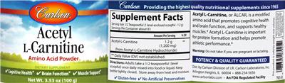 Photo of the Carlson Acetyl L-Carnitine Amino Acid Powder label