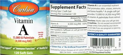 Photo of the Carlson Vitamin A 15,000 IU Palmitate (4,500 mcg RAE) label