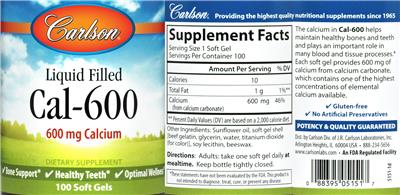 Photo of the Carlson Liquid Filled Cal-600 600 mg label