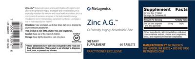 Photo of the Metagenics Zinc A.G. label