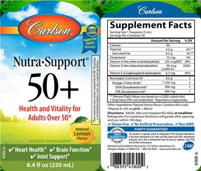 Photo of the Carlson Nutra-Support 50+ Natural Lemon Flavor label