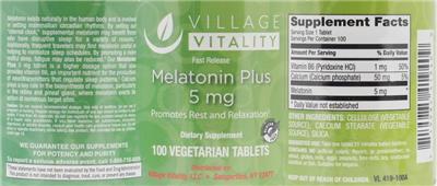 Photo of the Village Vitality Melatonin Plus 5 mg label