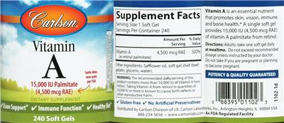 Photo of the Carlson Vitamin A 15,000 IU Palmitate (4,500 mcg RAE) label