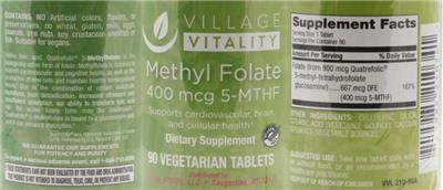Photo of the Village Vitality Methyl Folate 400 mcg 5-MTHF label