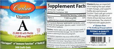Photo of the Carlson Vitamin A 25,000 IU with Pectin (7,500 mcg RAE) label