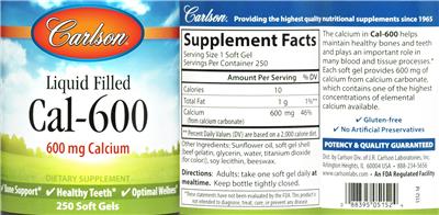 Photo of the Carlson Liquid Cal-600 600 mg label