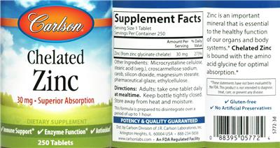 Photo of the Carlson Chelated Zinc 30 mg label