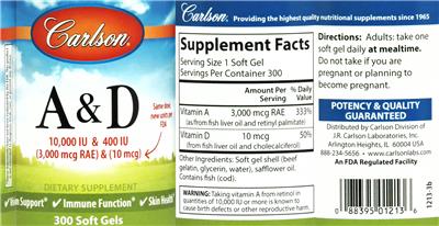 Photo of the Carlson A & D 10,000 IU & 400 IU (3,000 mcg RAE) & (10 mcg) label