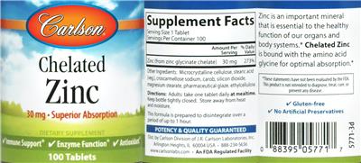 Photo of the Carlson Chelated Zinc 30 mg label