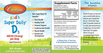 Photo of the Carlson Kid's Super Daily D3 400 IU (10 mcg) label