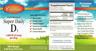 Photo of the Carlson Super Daily D3 1,000 IU (25 mcg) label