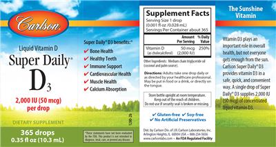 Photo of the Carlson Super Daily D3 2,000 IU (50 mcg) label