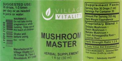 Photo of the Village Vitality Mushroom Master label